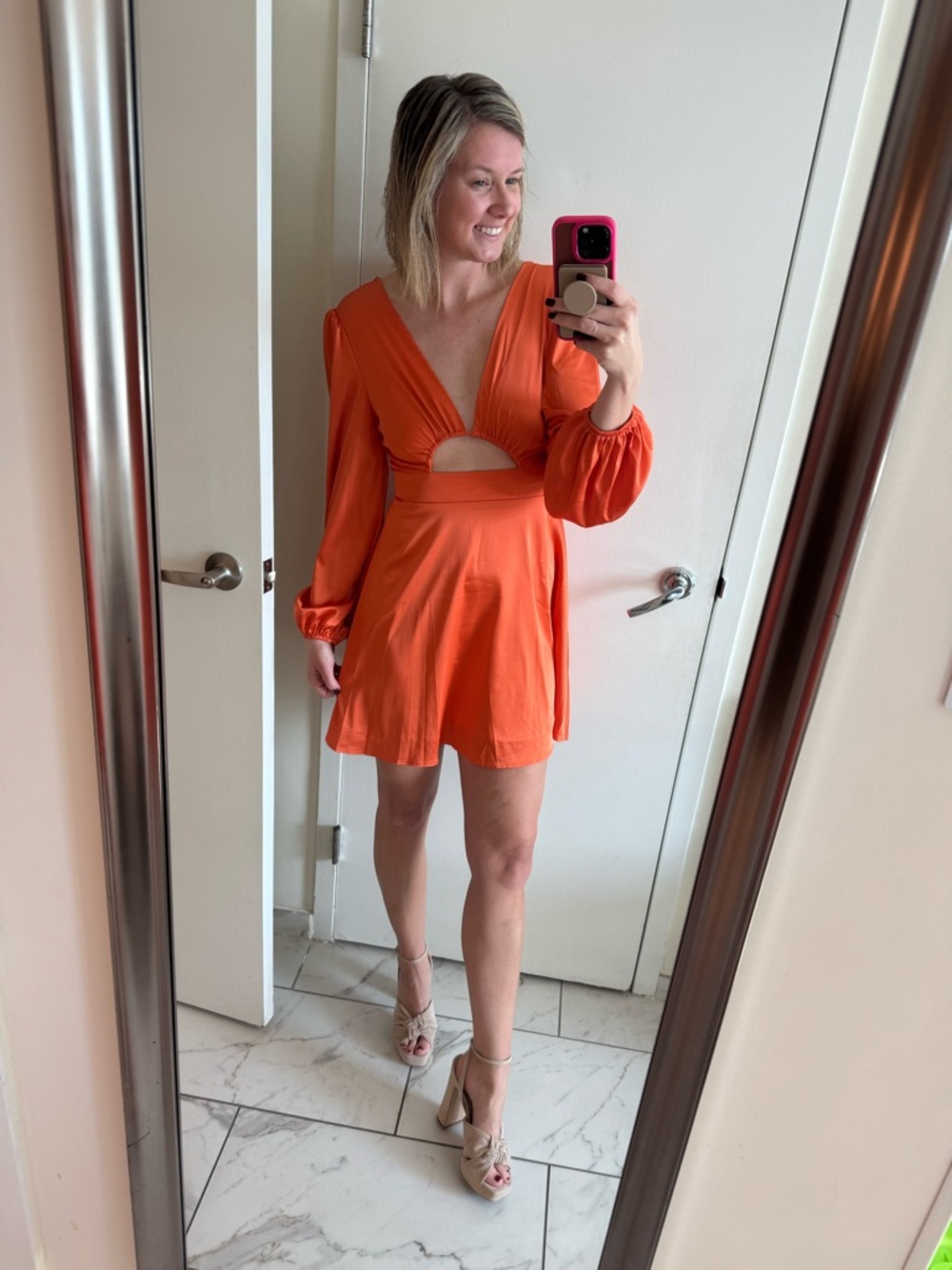 Women's Orange Cutout Long-Sleeve Mini Dress